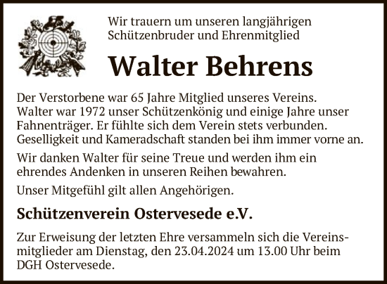 Todesanzeige von Walter Behrens von SYK