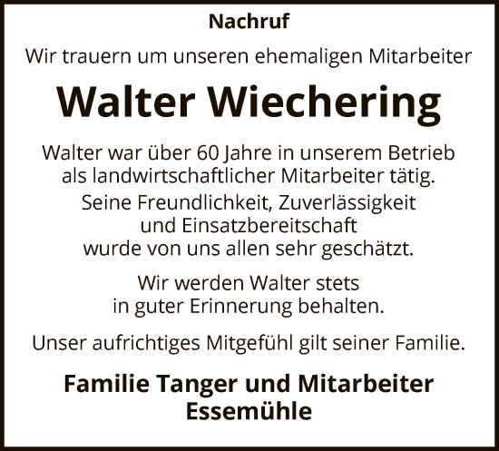 Todesanzeige von Walter Wiechering von SYKSYK