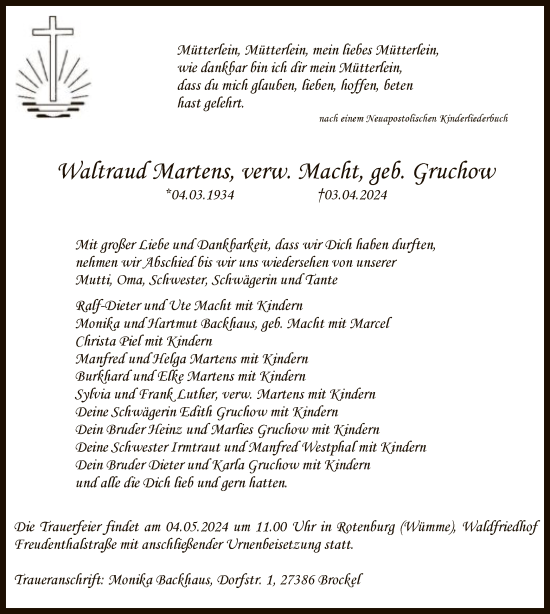 Todesanzeige von Waltraud Martens von SYK