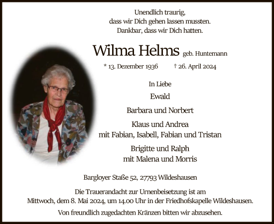 Todesanzeige von Wilma Helms von SYK