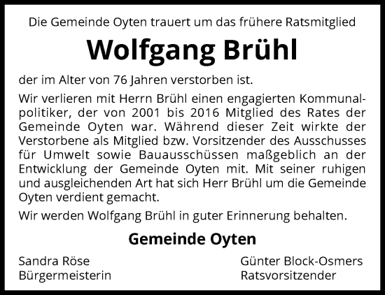 Todesanzeige von Wolfgang Brühl von SYK