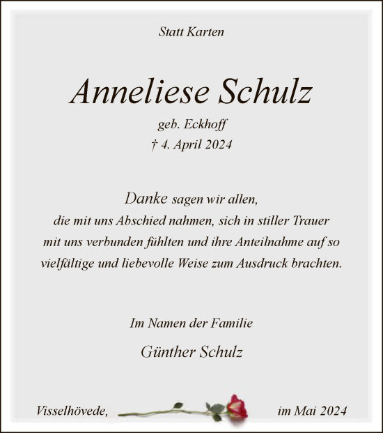 Todesanzeige von Anneliese Schulz von SYK