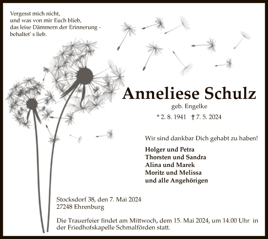 Todesanzeige von Anneliese Schulz von SYK