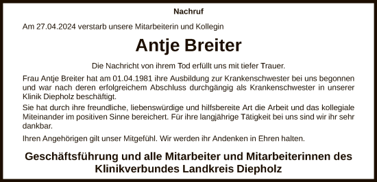 Todesanzeige von Antje Breiter von SYK