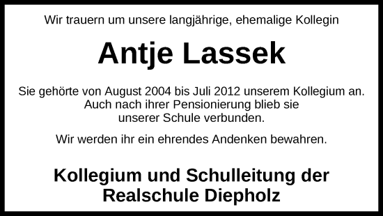 Todesanzeige von Antje Lassek von SYK