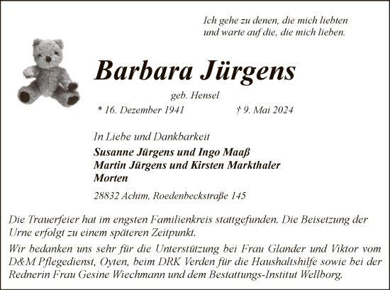 Todesanzeige von Barbara Jürgens von SYK