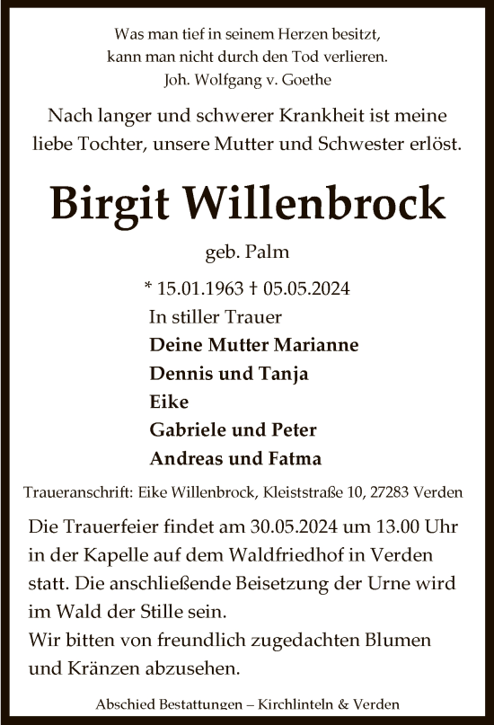Todesanzeige von Birgit Willenbrock von SYK