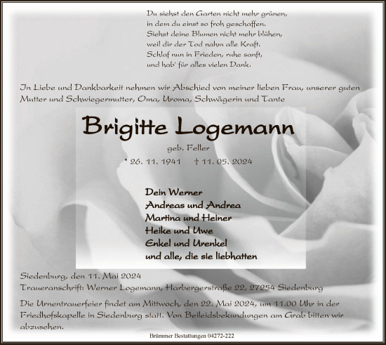 Todesanzeige von Briggitte Logemann von SYK