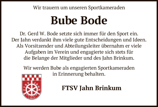 Todesanzeige von Bube Bode von SYK