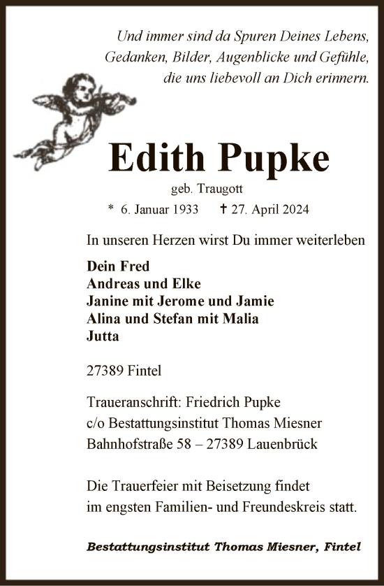 Todesanzeige von Edith Pupke von SYK