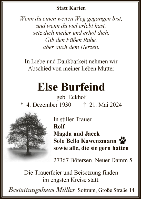Todesanzeige von Else Burfeind von SYK