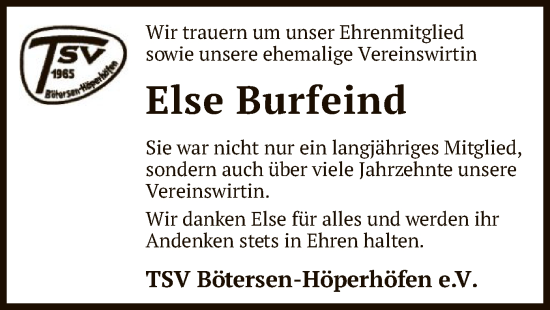 Todesanzeige von Else Burfeind von SYK