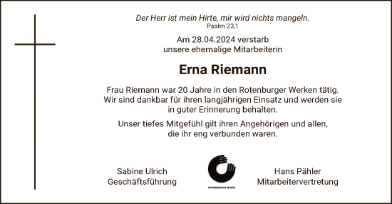 Todesanzeige von Erna Riemann von SYK