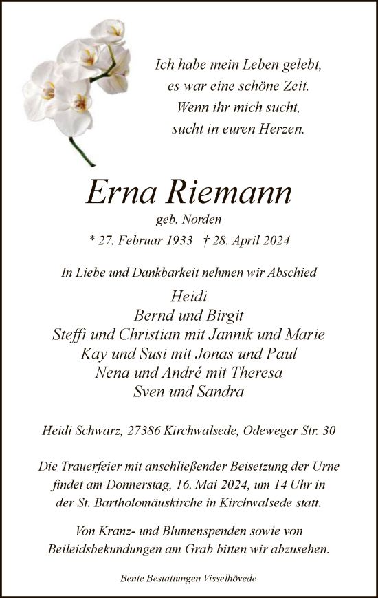 Todesanzeige von Erna Riemann von SYK