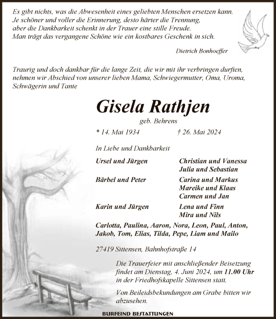 Todesanzeige von Gisela Rathjen von SYK
