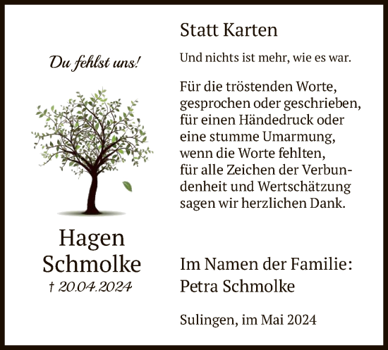 Todesanzeige von Hagen Schmolke von SYK