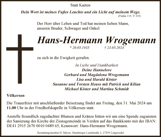 Todesanzeige von Hans-Hermann Wrogemann von SYK