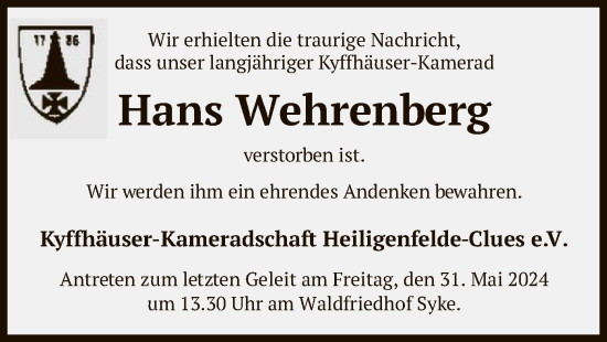 Todesanzeige von Hans Wehrenberg von SYK
