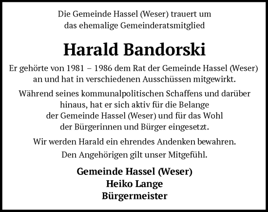 Todesanzeige von Harald Bandorski von SYK