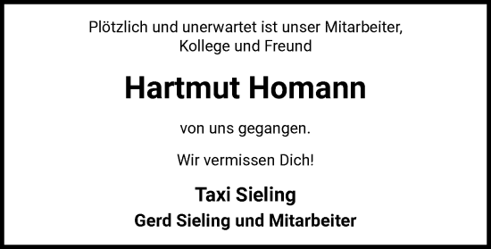 Todesanzeige von Hartmut Homann von SYK