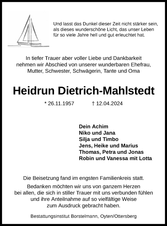 Todesanzeige von Heidrun Dietrich-Mahlstedt von SYK