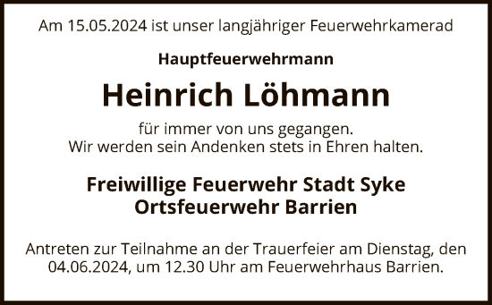 Todesanzeige von Heinrich Löhmann von SYK