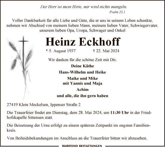 Todesanzeige von Heinz Eckhoff von SYK