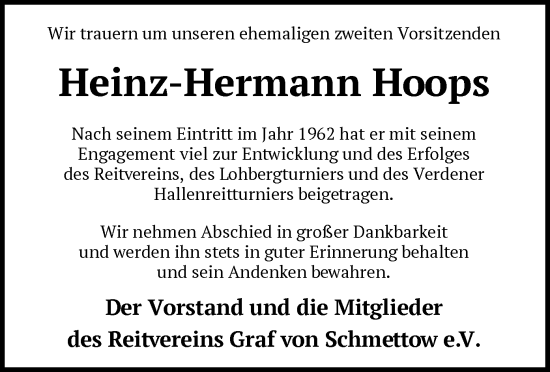 Todesanzeige von Heinz-Hermann Hoops von SYK