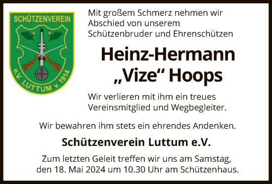 Todesanzeige von Heinz-Hermann Hoops von SYK