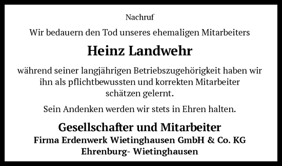 Todesanzeige von Heinz Landwehr von SYK