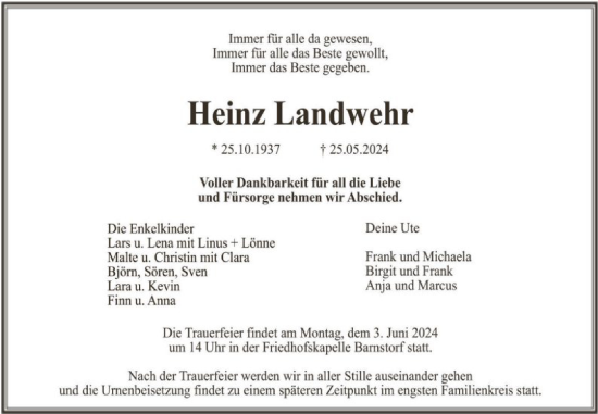 Todesanzeige von Heinz Landwehr von SYK