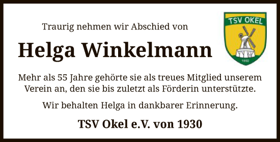 Todesanzeige von Helga Winkelmann von SYK