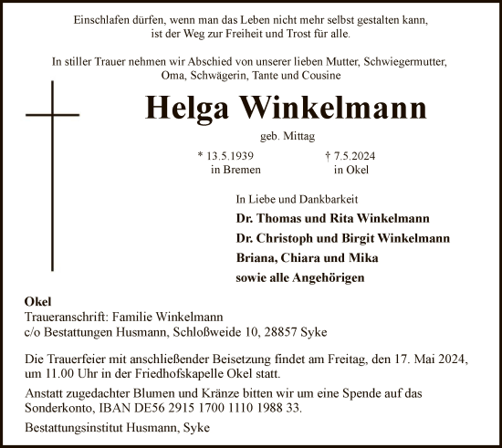 Todesanzeige von Helga Winkelmann von SYK