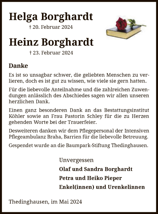 Todesanzeige von Helga und Heinz Borghardt von SYK