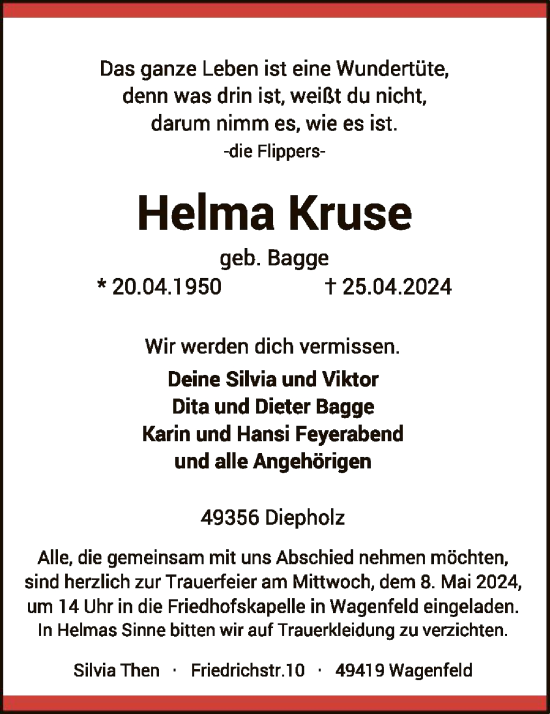 Todesanzeige von Helma Kruse von SYK