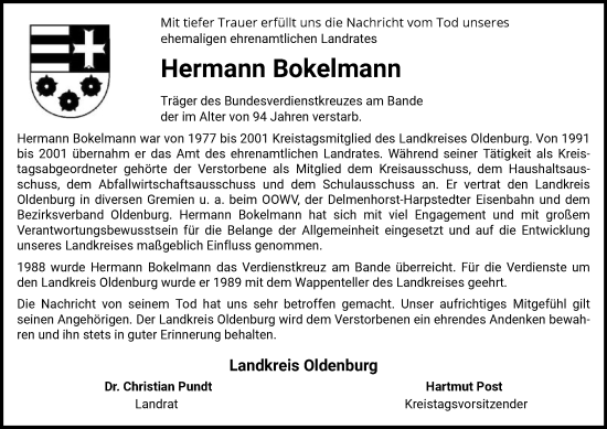 Todesanzeige von Hermann Bokelmann von SYK