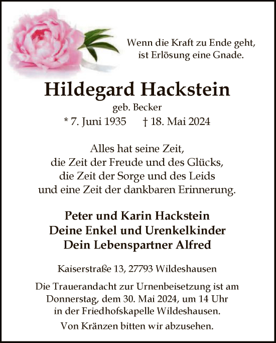 Todesanzeige von Hildegard Hackstein von SYK