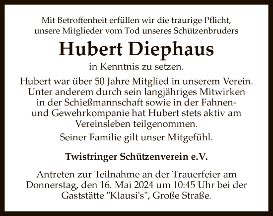 Todesanzeige von Hubert Diephaus von SYK