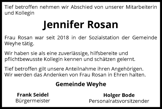 Todesanzeige von Jennifer Rosan von SYK