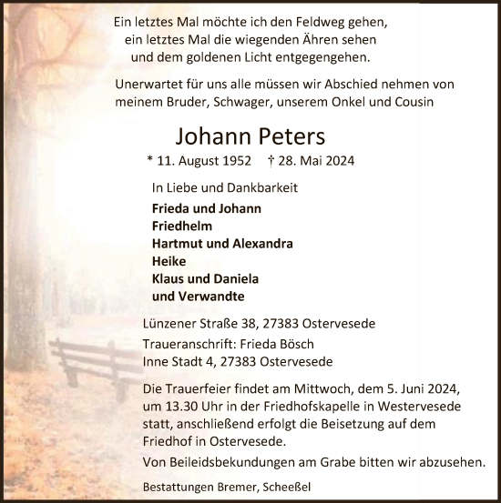 Todesanzeige von Johann Peters von SYK