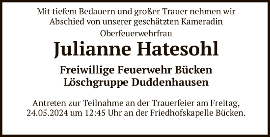 Todesanzeige von Julianne Hatesohl von SYK