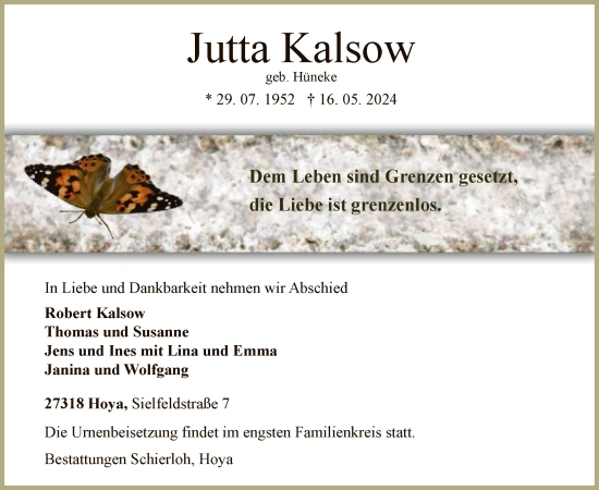 Todesanzeige von Jutta Kalsow von SYK