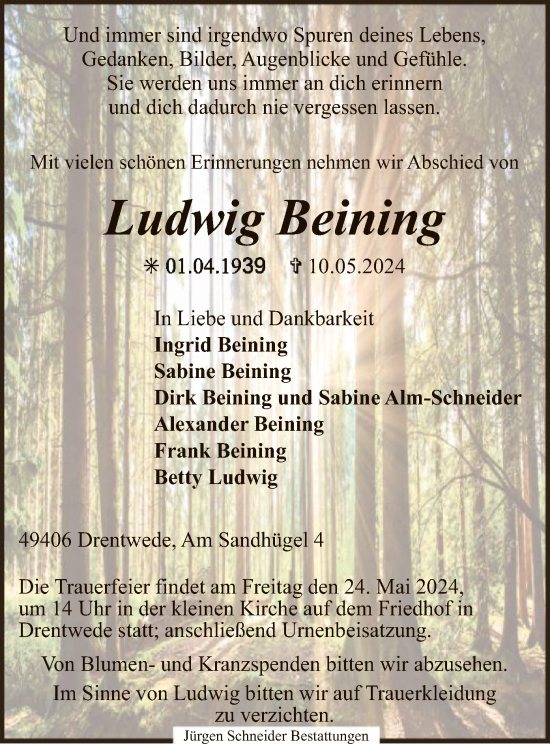 Todesanzeige von Ludwig Beining von SYK