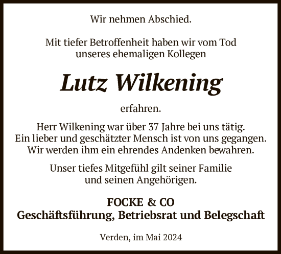 Todesanzeige von Lutz Wilkening von SYK