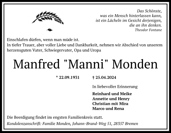 Todesanzeige von Manfred Monden von SYK