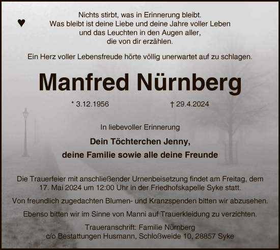Todesanzeige von Manfred Nürnberg von SYK