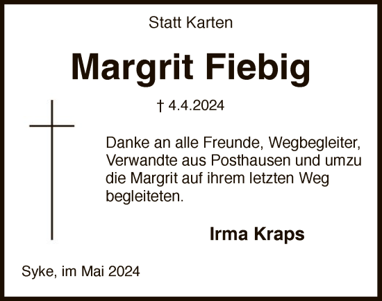 Todesanzeige von Margrit Fiebig von SYKSYK