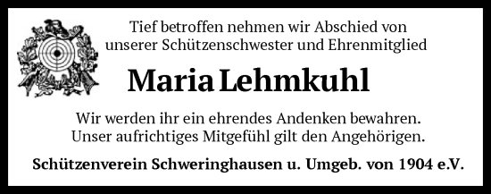 Todesanzeige von Maria Lehmkuhl von SYK