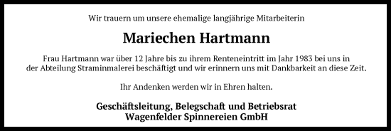Todesanzeige von Mariechen Hartmann von SYK
