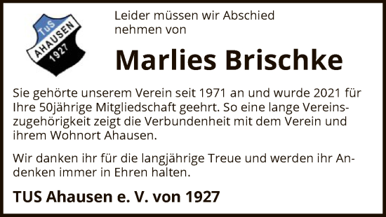 Todesanzeige von Marlies Brischke von SYK